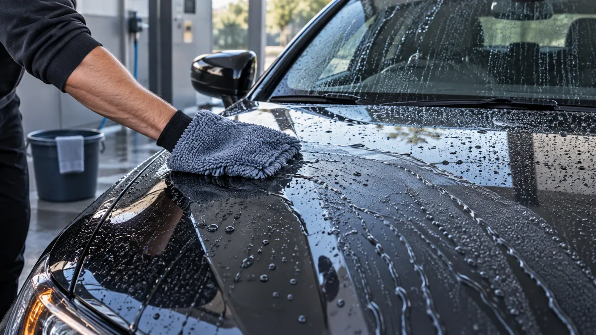 A coated dark car being washed carefully with a clean microfiber mitt