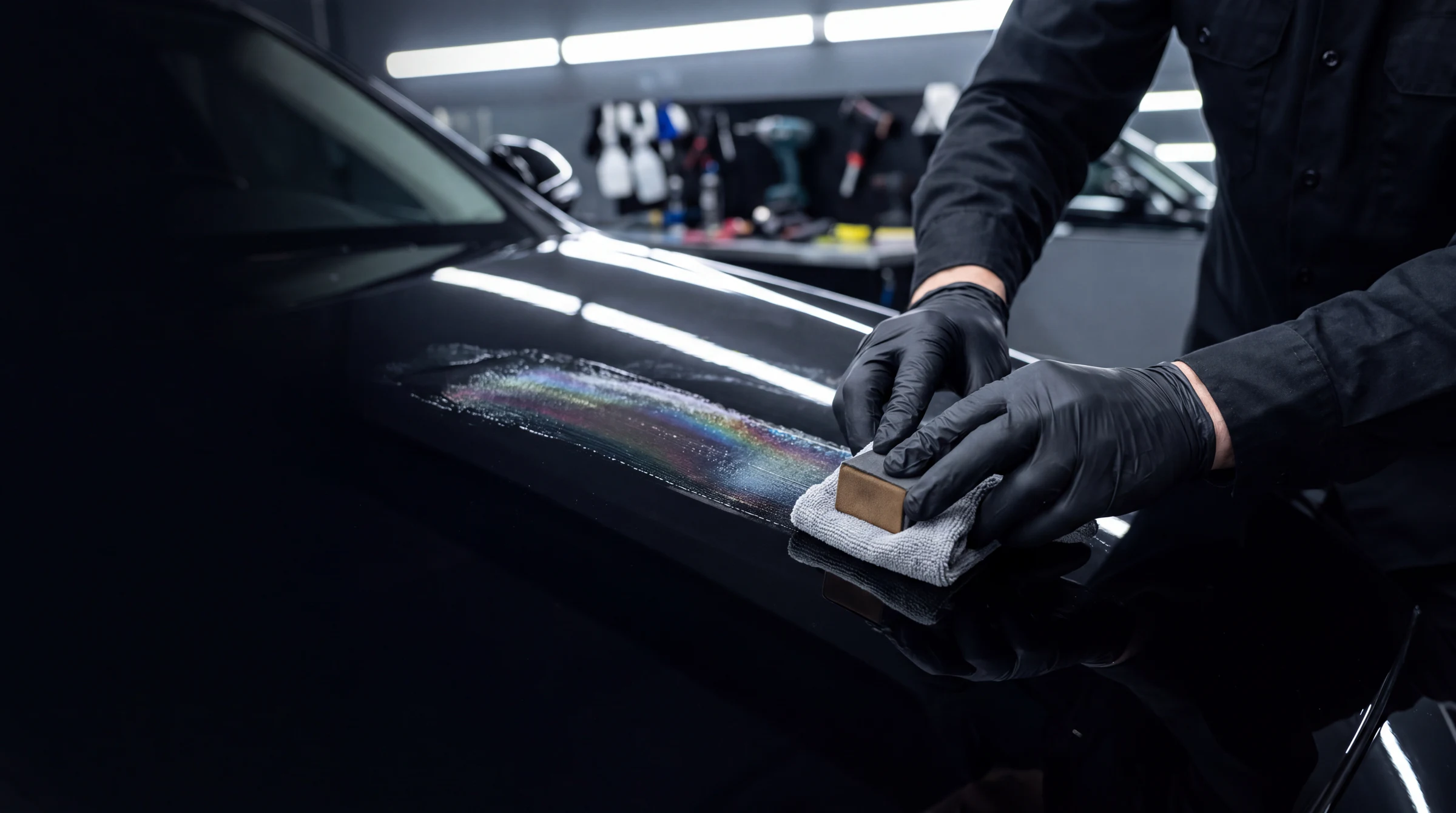 Ceramic coating being spread across a car's black hood with a suede applicator block
